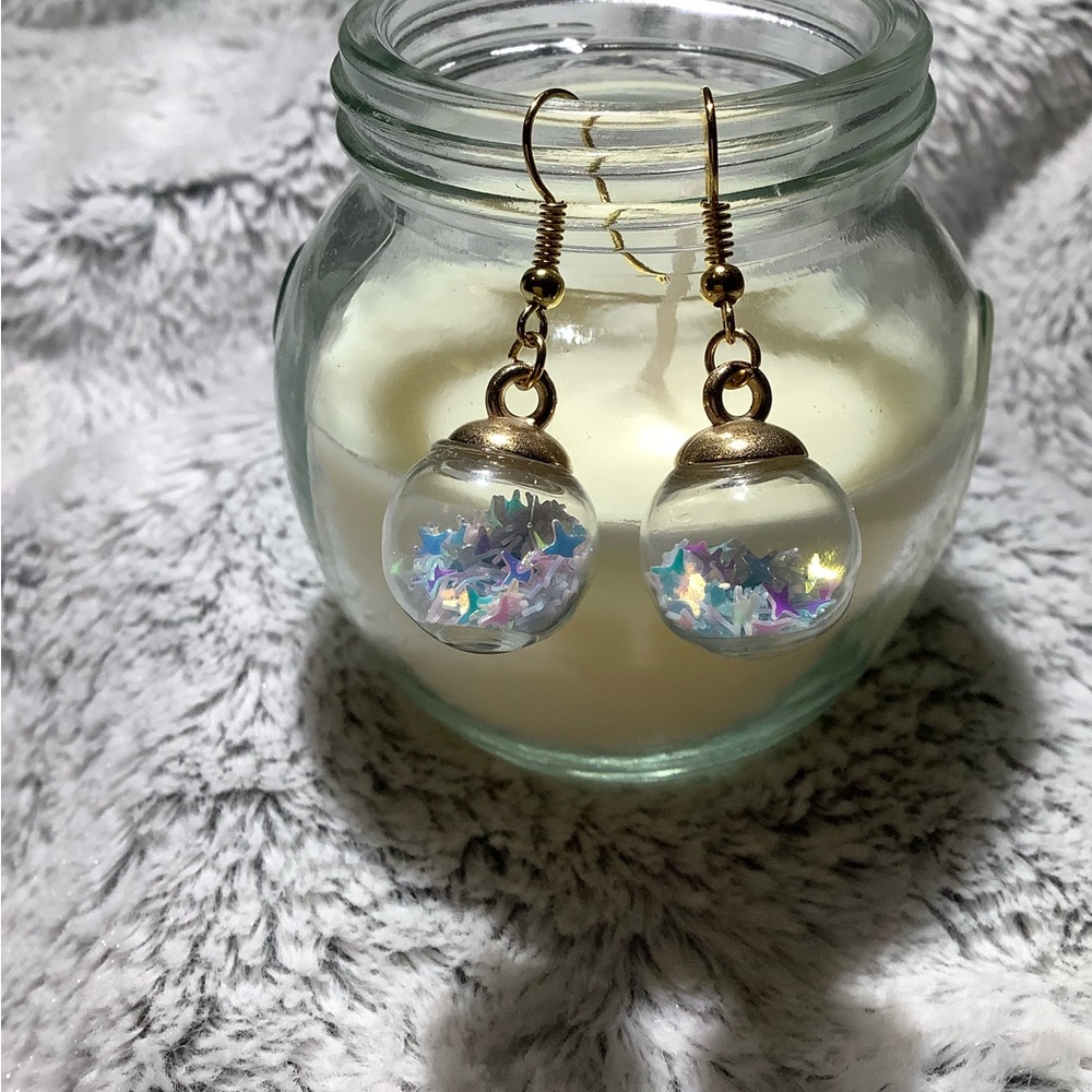 Snow globe pinks, blues and purple star sequins hand crafted earrings